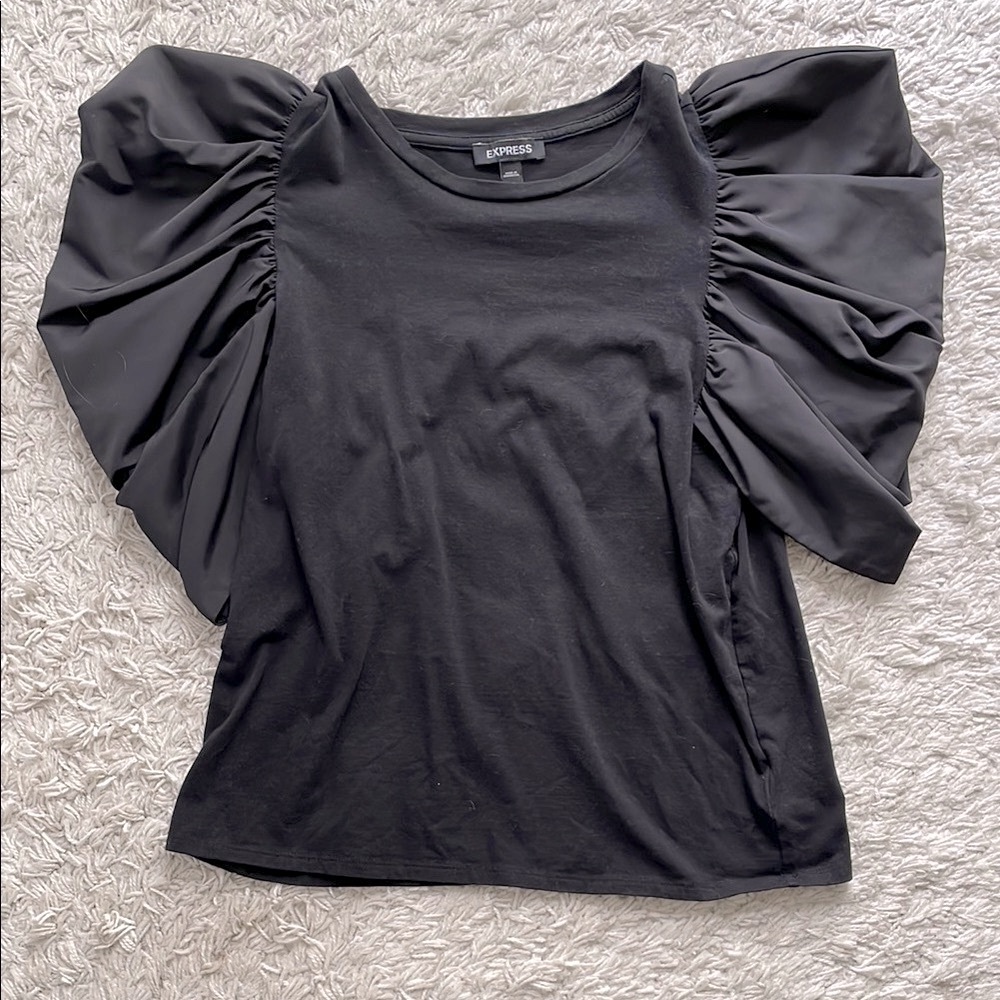 Express Black Tafetta Puff Sleeve Top, with knit body, size M